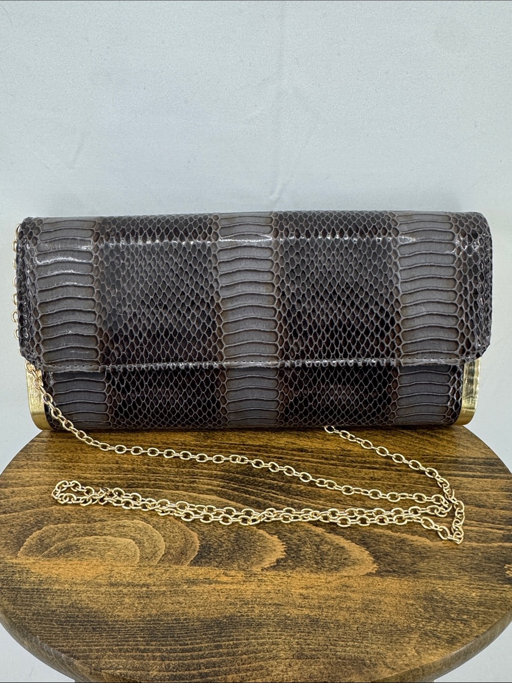 Vintage Snake Skin / Brown Python Texture Clutch Purse Bag w/ Gold Ends & Chain